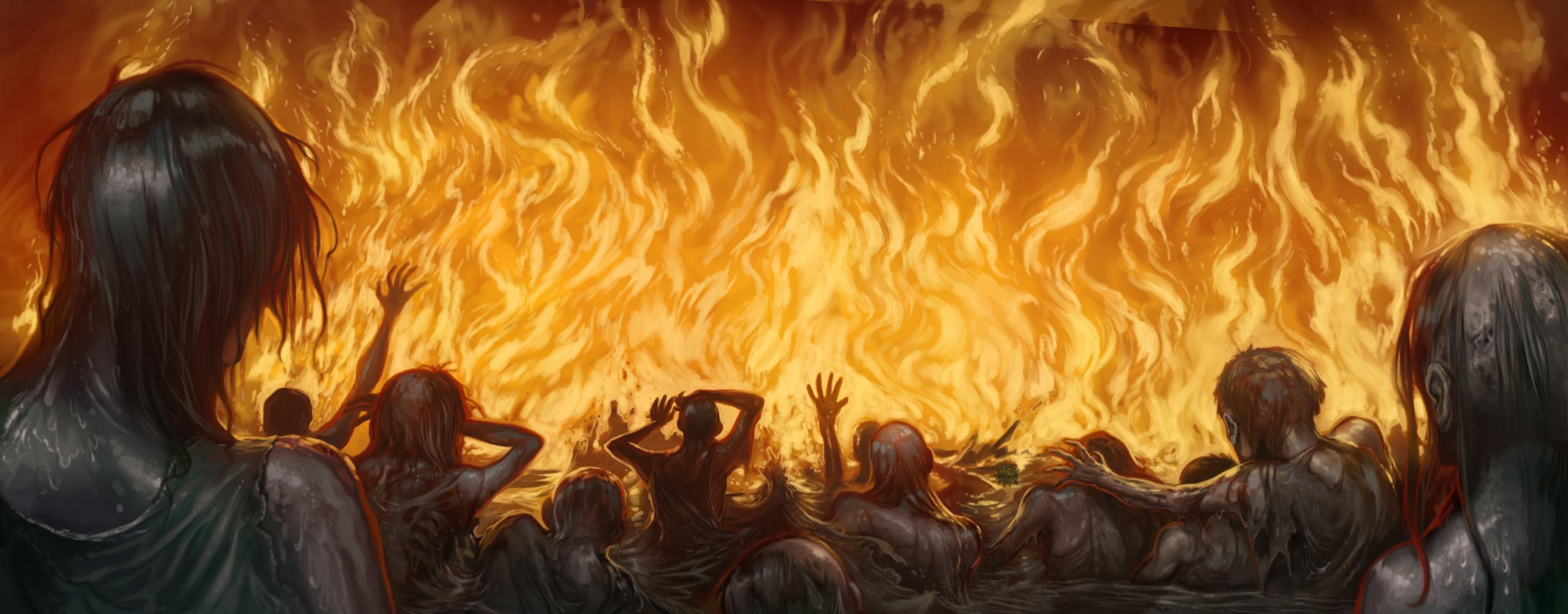 Inferi being fought off with Dumbledore's flames in Horcrux Cave