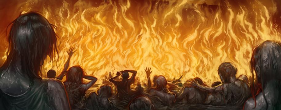 Inferi being fought off with Dumbledore's flames in Horcrux Cave
