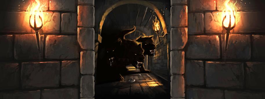 The forbidden corridor with an open door that reveals Fluffy the three-headed dog.