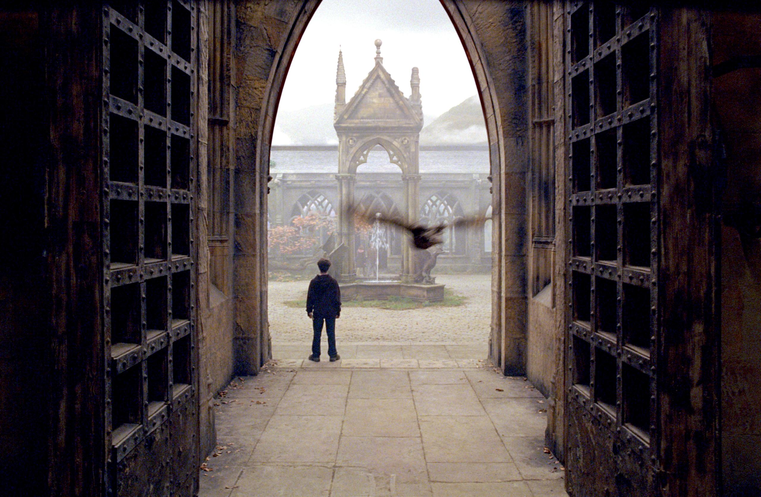 Hogwarts courtyeard with Harry and Hedwig