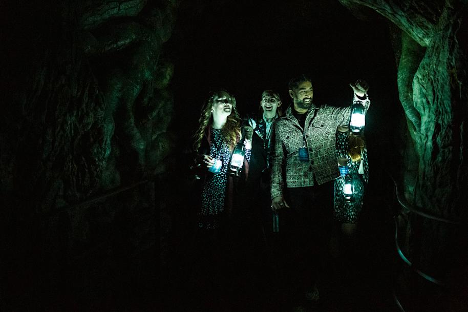 A group walking through the Forbidden Forest at the Studio Tour - they are holding lanterns.