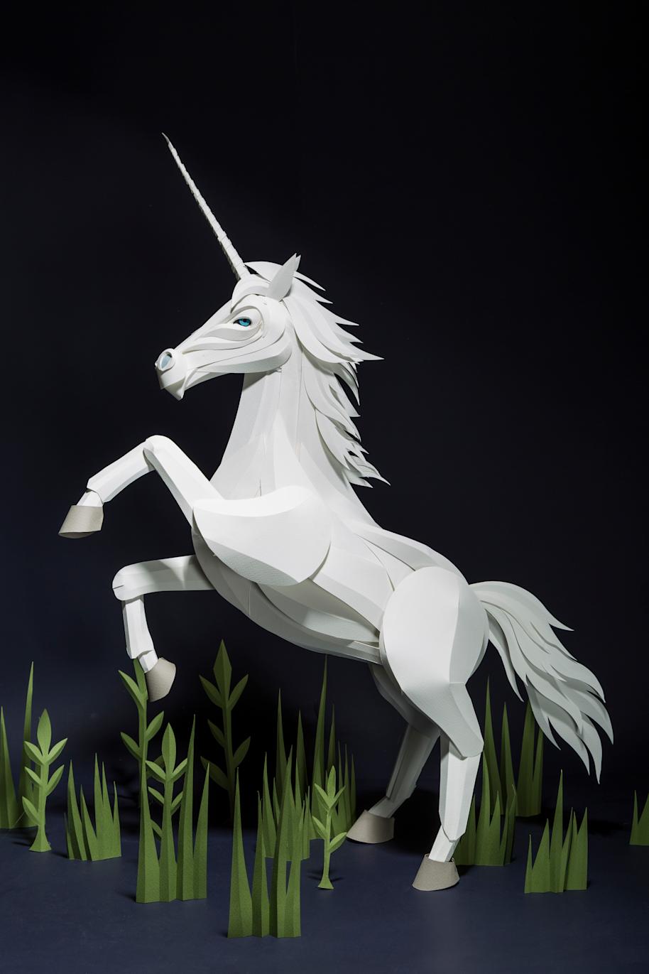 Photograph of a paper model of a Unicorn, by artist Andy Singleton