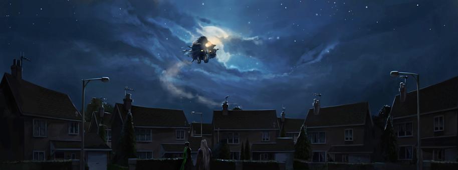 Hagrid flying into Privet Drive with a baby Harry.