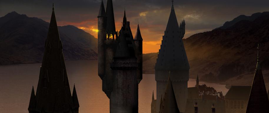 The turrets and towers of Hogwarts Castle.