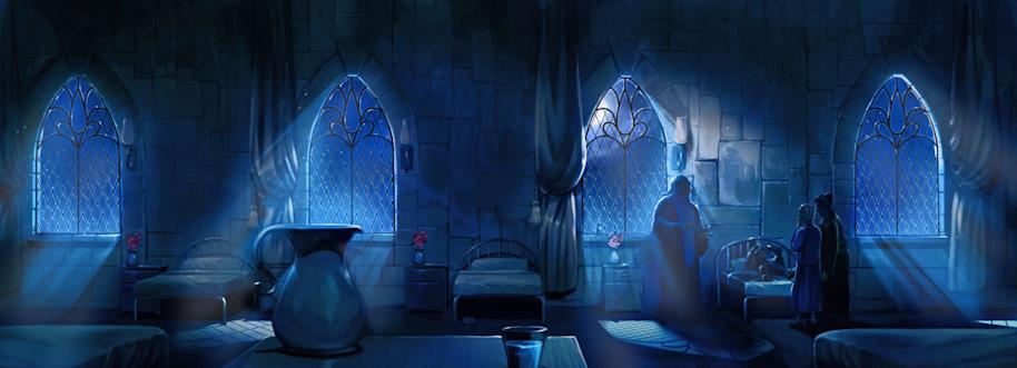 Professor Dumbledore visits a Petrified Colin Creevey in the Hospital Wing.