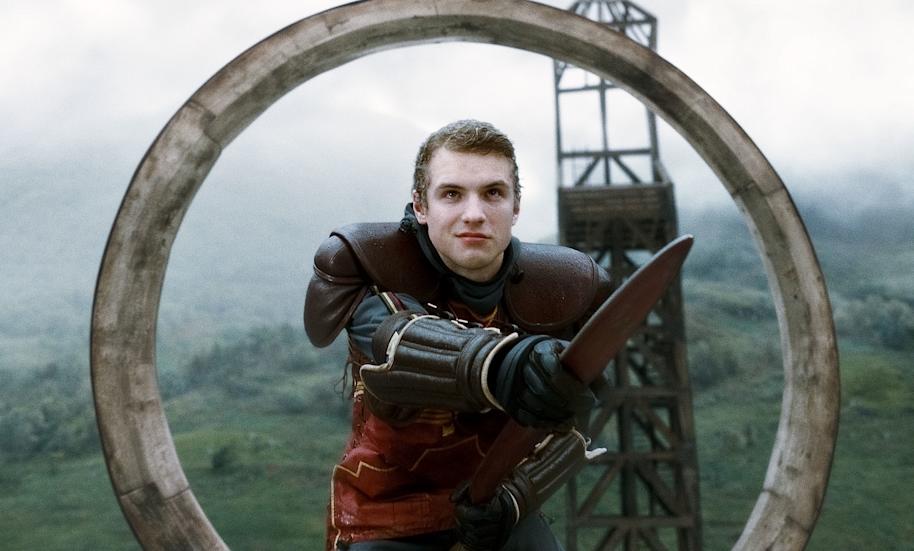 Cormac McLaggen close-up in front of the Quidditch goal hoops