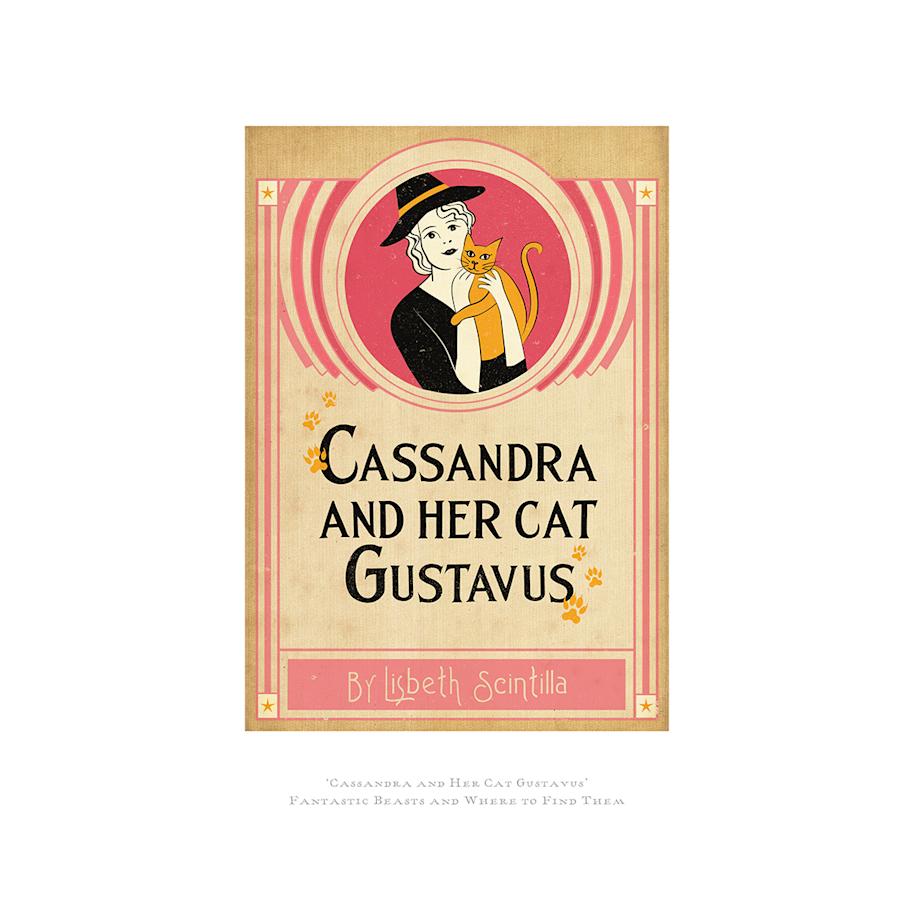 MinaLima's Cassandra and her Cat Gustavus book cover from Fantastic Beasts