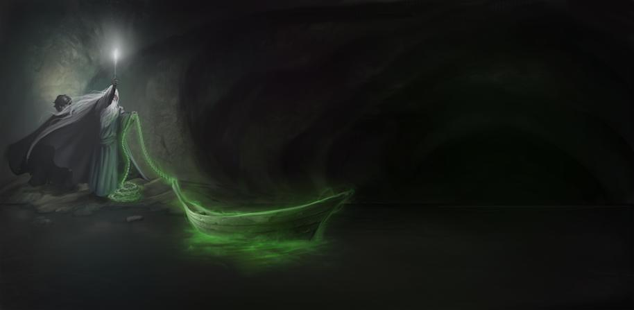Illustration of Harry and Dumbledore by the boat in the cave