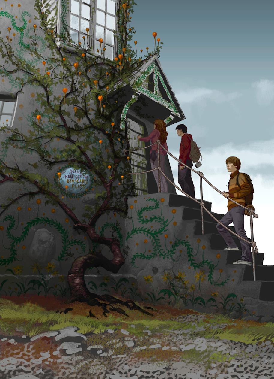 Harry Ron and Hermione outside the Lovegood house 