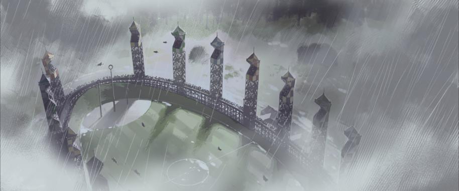 Birds eye view of the rainy Hogwarts Quidditch Pitch 