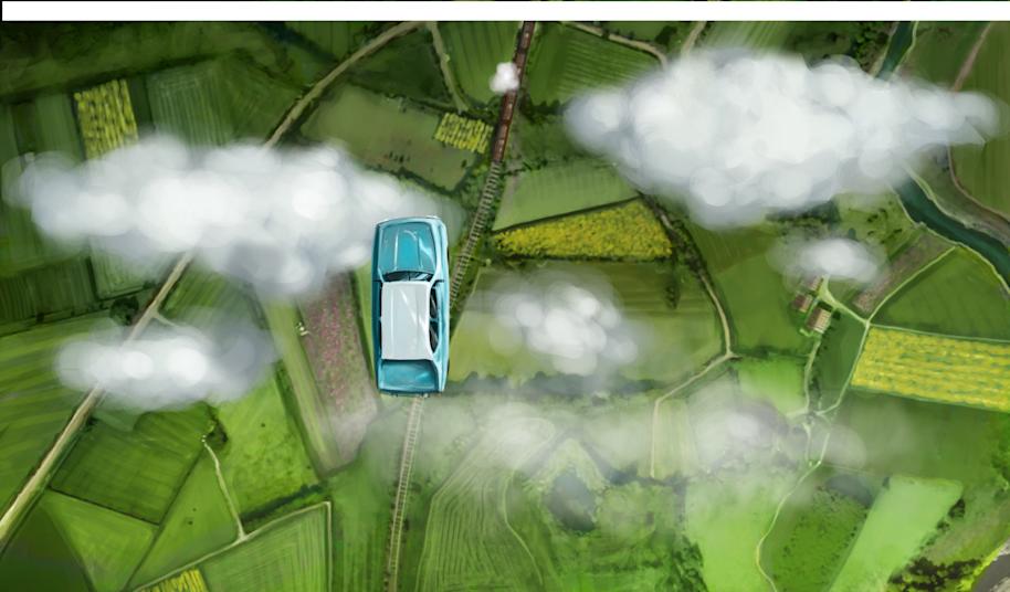 The Ford Anglia following the Hogwarts Express through the countryside 