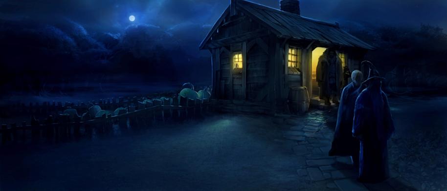 Lucius Malfoy leading Dumbledore away from Hagrid's Hut 