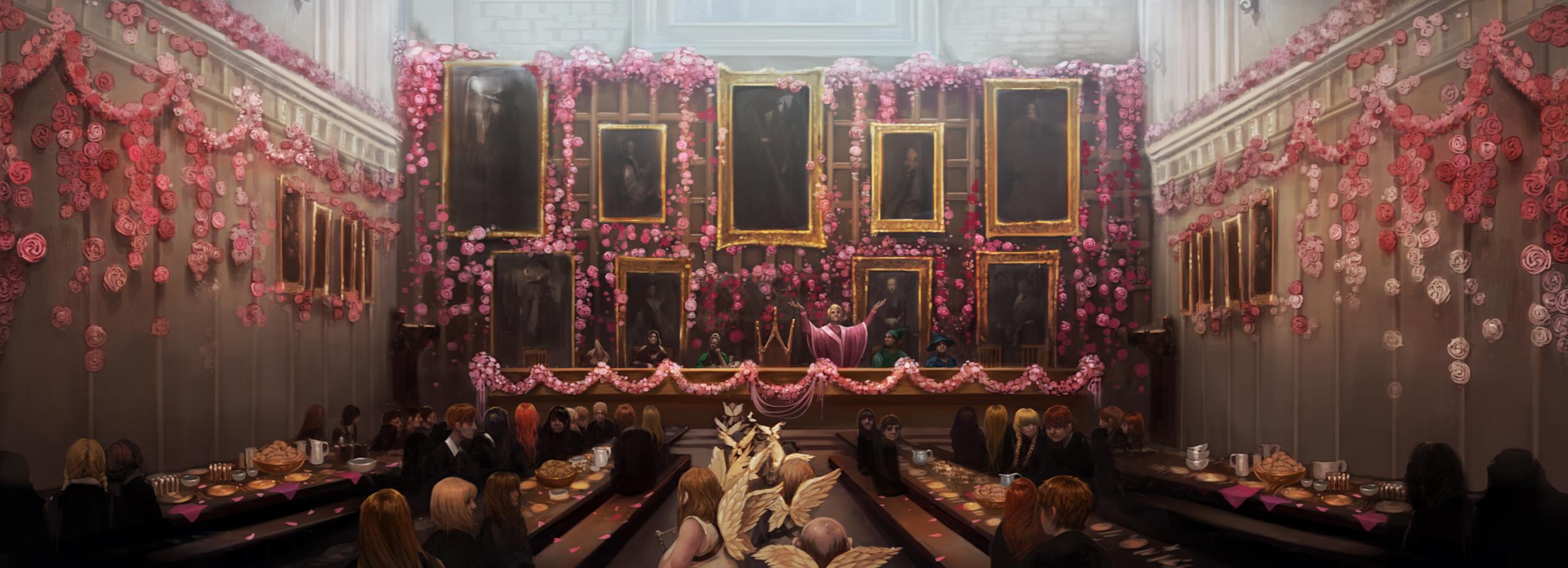 Decorating the Great Hall for St. Valentine's day.