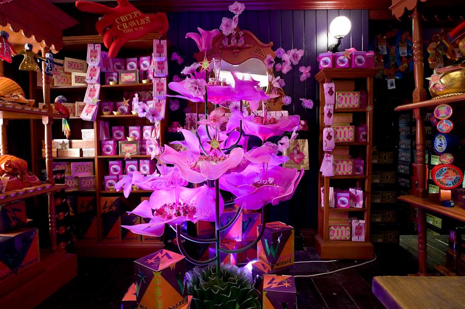 Inside one area of the Weasley Wizard Wheezes joke shop. There are shelves containing products and a pink centrepiece containing potions.
