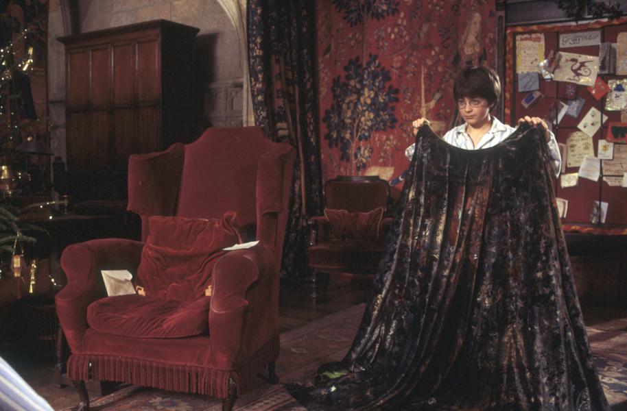 Harry holding the invisibility cloak