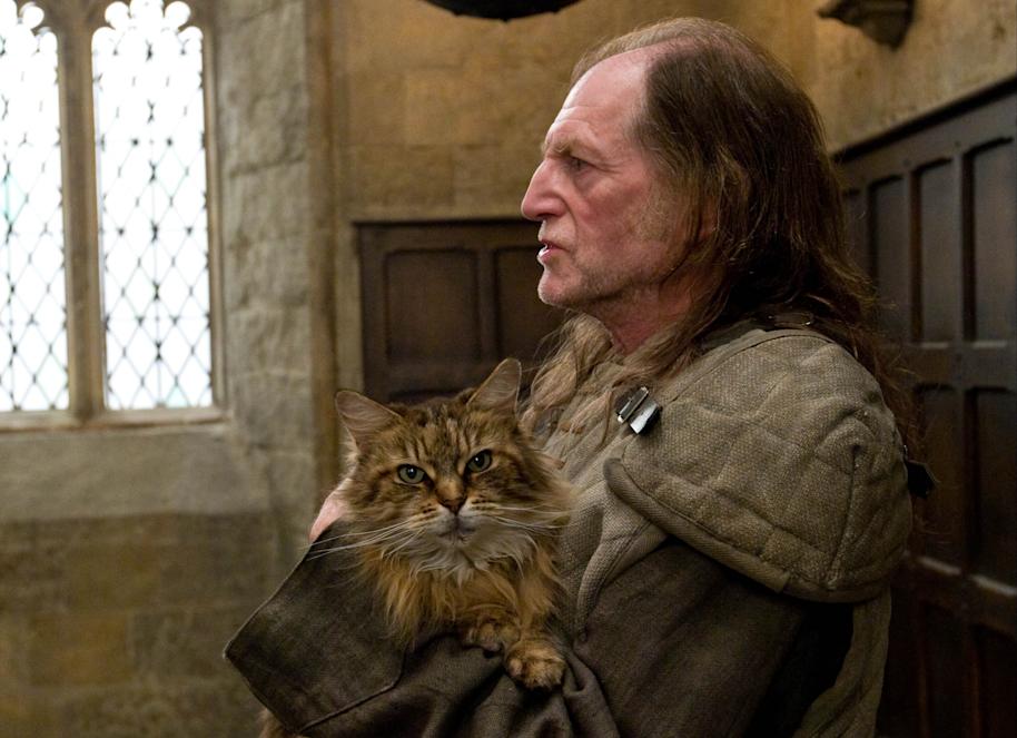 Argus Filch holding Mrs Norris patrolling Hogwarts corridors