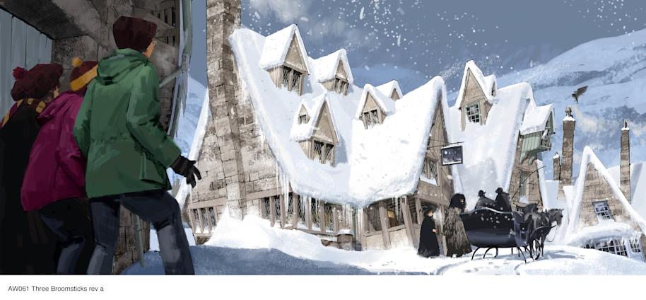 Concept illustration of a snowy Hogsmeade, ad the exterior of the Three Broomsticks