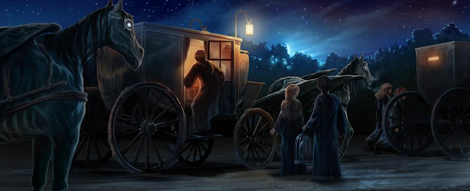 Harry sees a Thestral pulling the school carriages for the first time